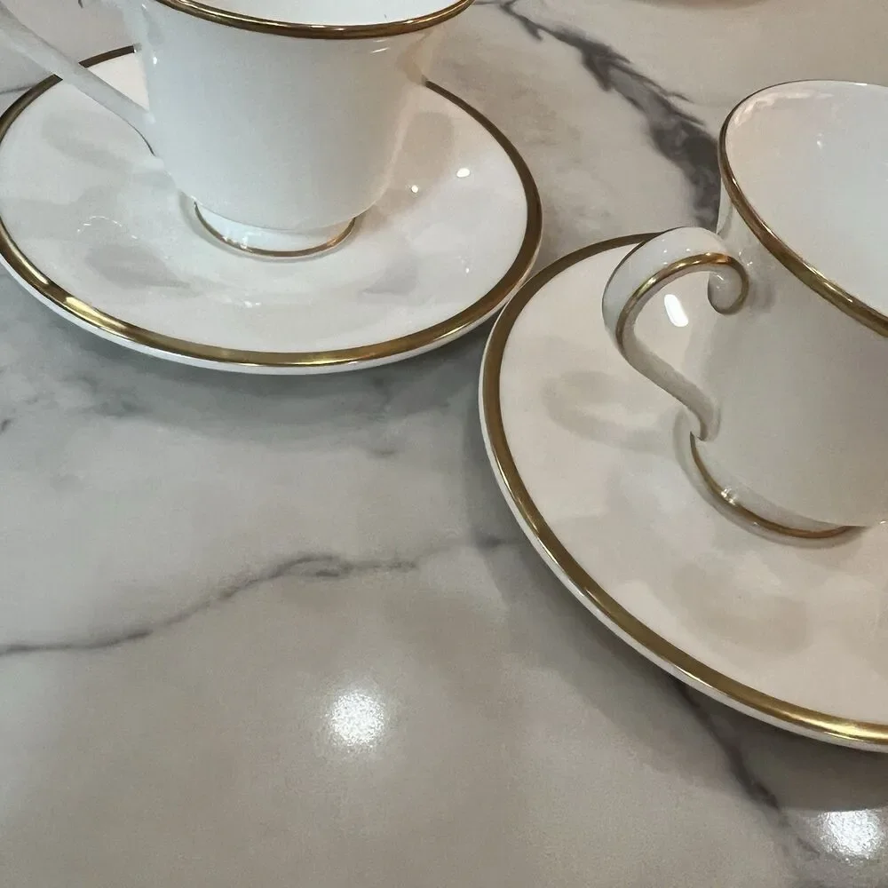 2 Royal Doulton Alice Tea Cups & Saucers English Fine Bone China ivory gold